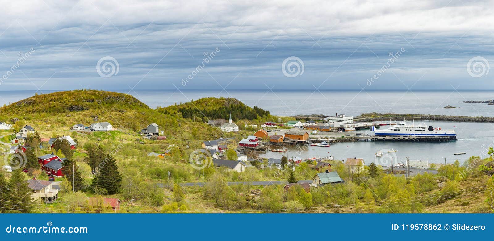 panoramic view of moskenes village, ferry arrival and unloading