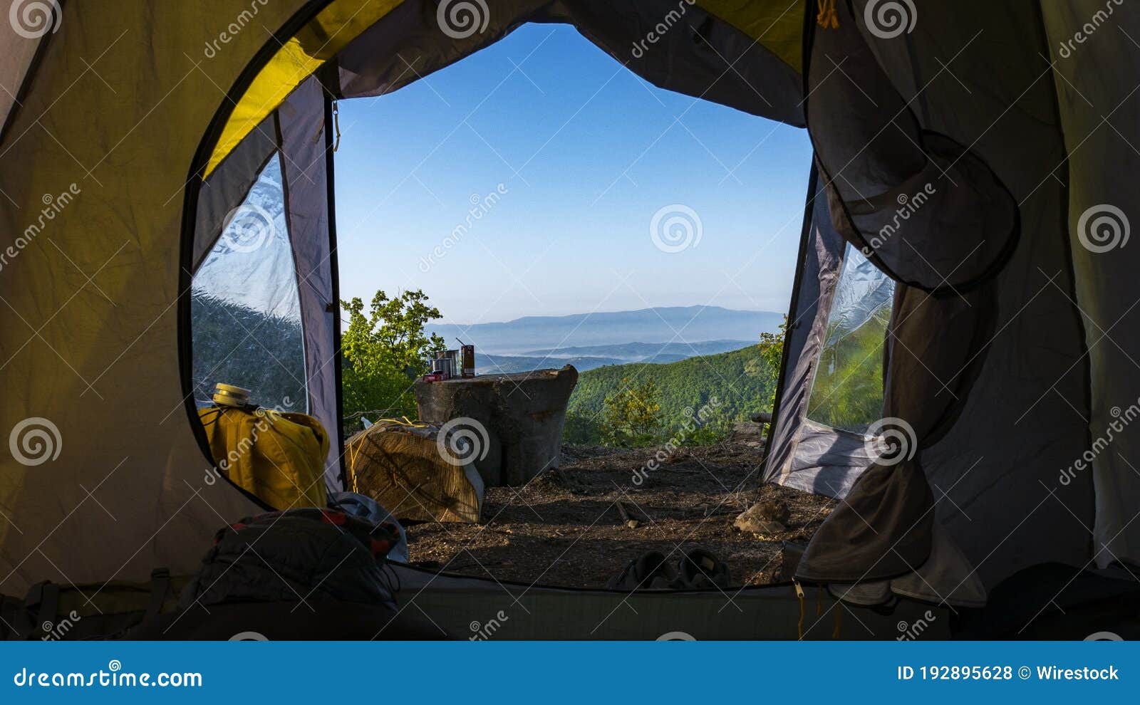 Panoramic View of the Mountains Taken from Inside a Camping Tent Stock ...