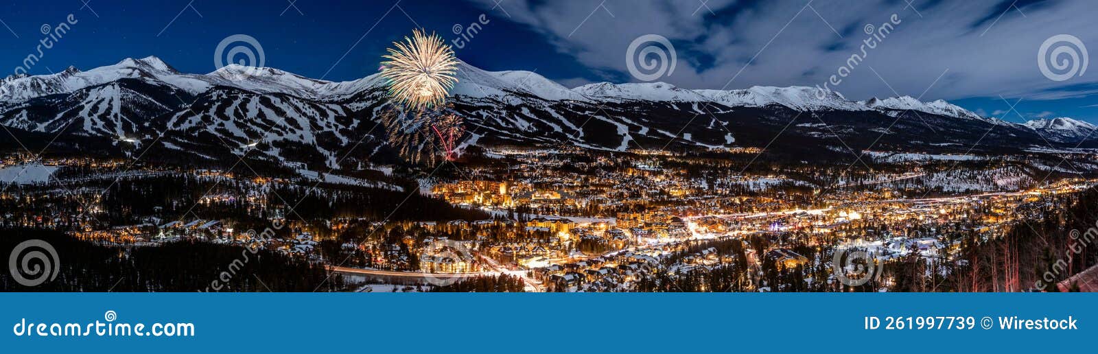 Panoramic View of New Year S Eve Fireworks Against Snowy Mountains in
