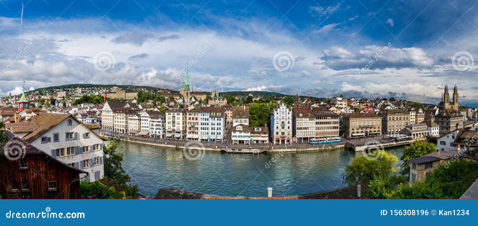 Panoramic View Of Old Downtown Zurich With Limmat River In Panoramic View Of Old Downtown Zurich With Limmat River In