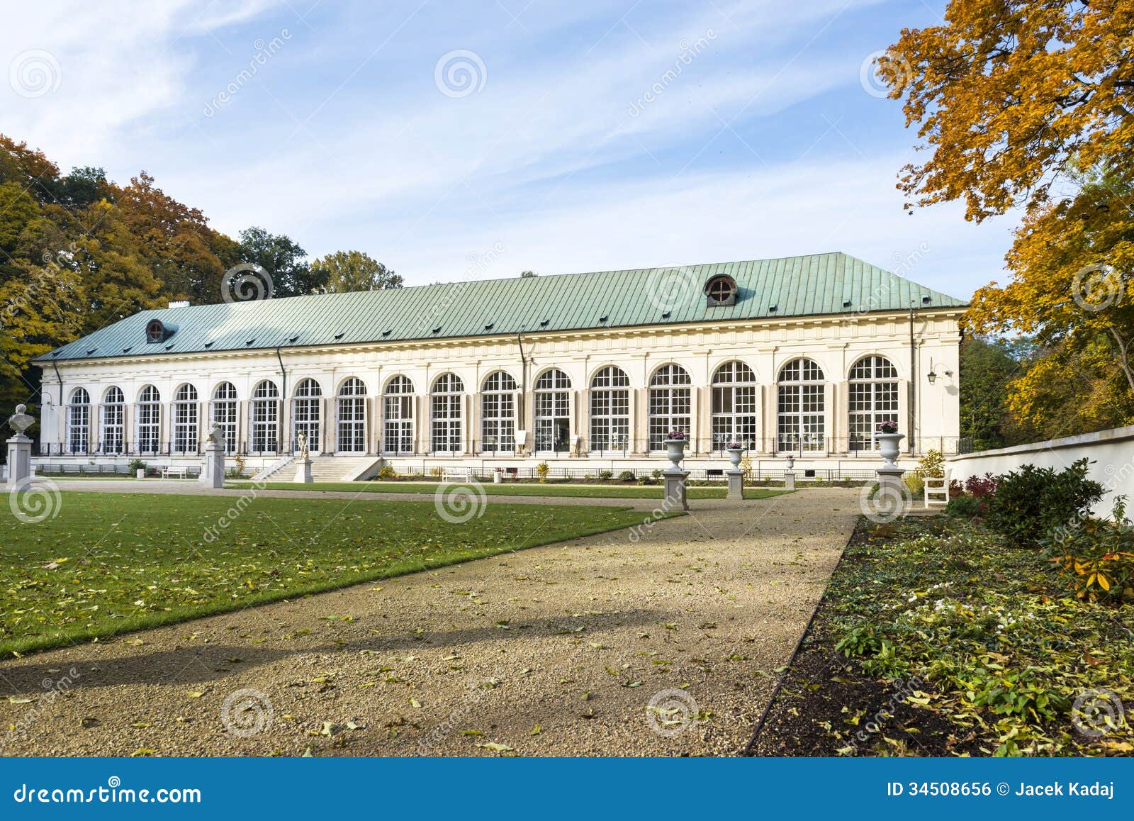 panoramic view of old orangery in lazienki park, warsaw, poland
