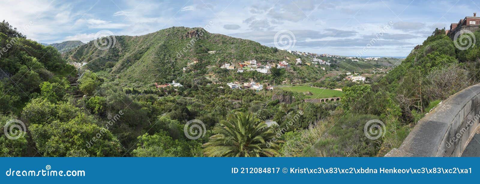 panoramic view over green hill and valley of botanical garden, jardin botanico canario viera y clavijo, tafira, gran