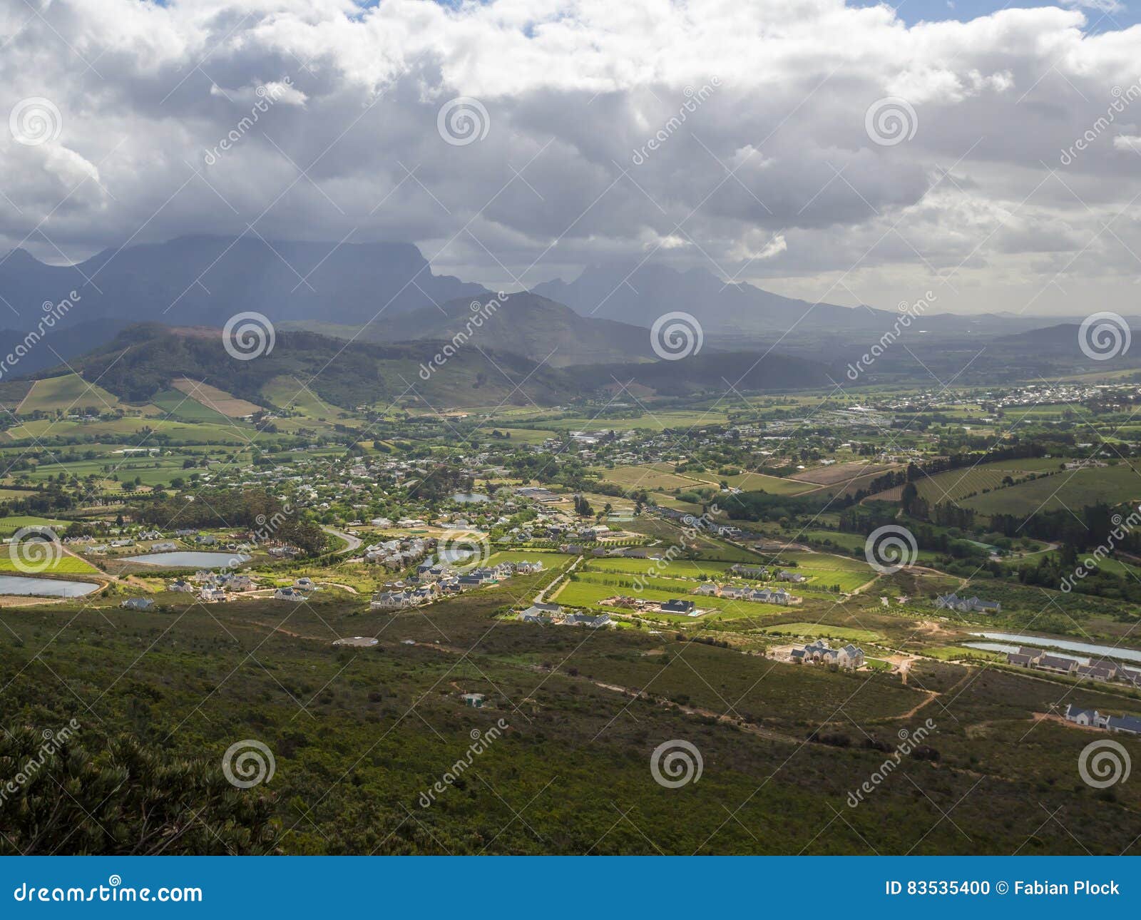 Panoramic View Over Scenic Little Town Franschoek With Dramatic Sky Stock Photo Image Of Franschoek Flora