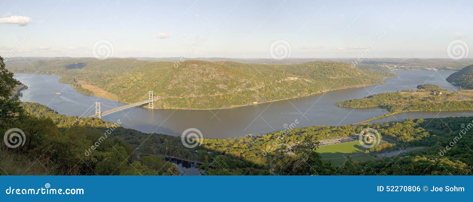 panoramic view overlook in autumn of bear mountain bridge and hudson valley and river at bear mountain state park, new york