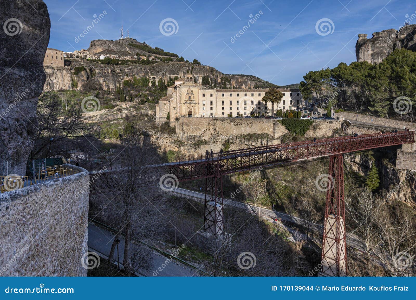 panoramic view of pedestrian bridge over the sickles of the huecar river. europe spain cuenca