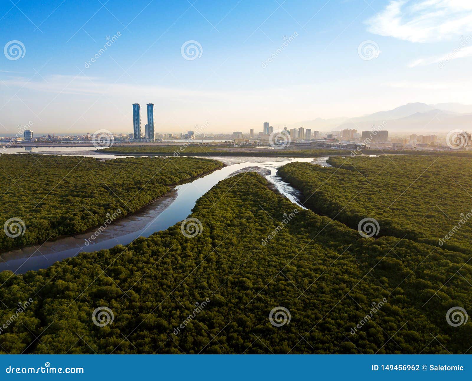 panoramic view of ras al khaimah over mangrove forest in the uae