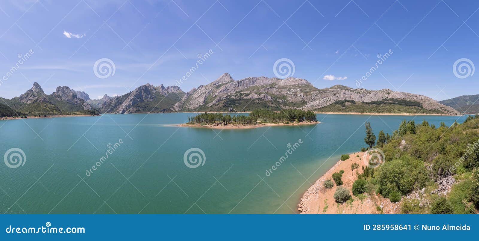 panoramic view at the riaÃ±o reservoir, located on picos de europa or peaks of europe