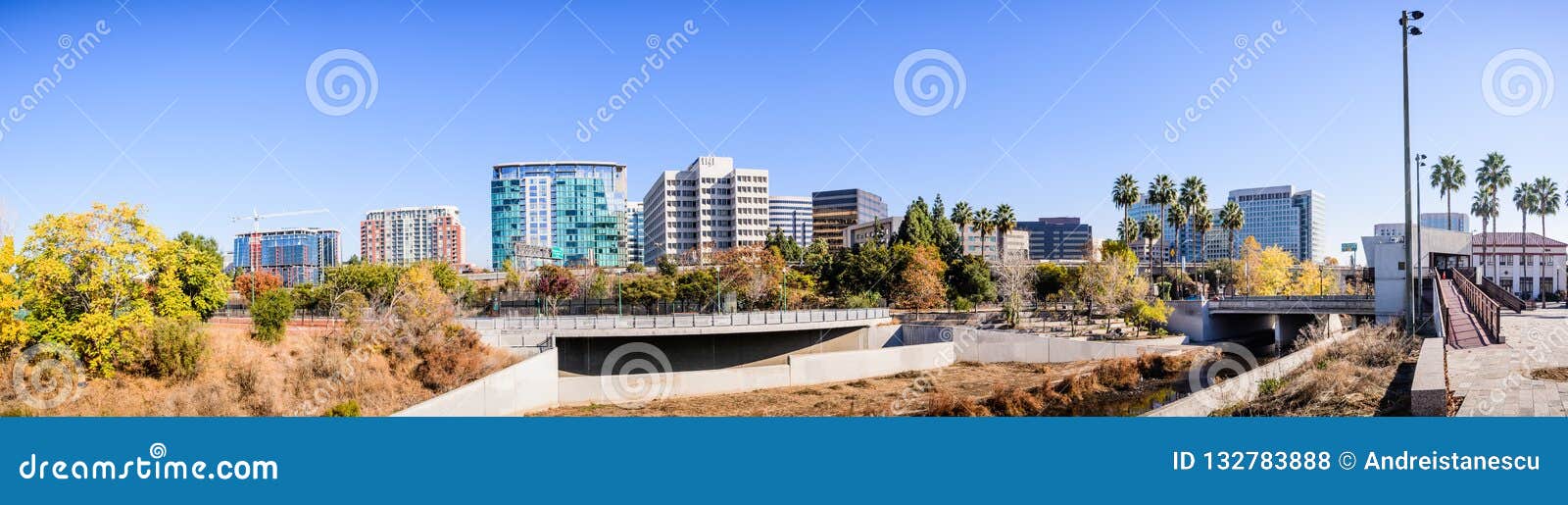 panoramic view of san jose`s downtown skyline as seen from the s