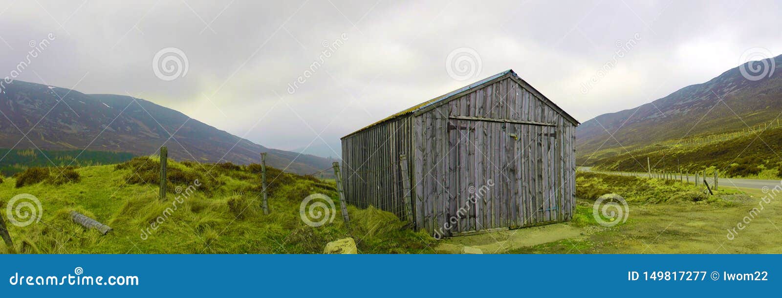 Panoramic View Of Scottish Landscape. Wooden Shed In The ...