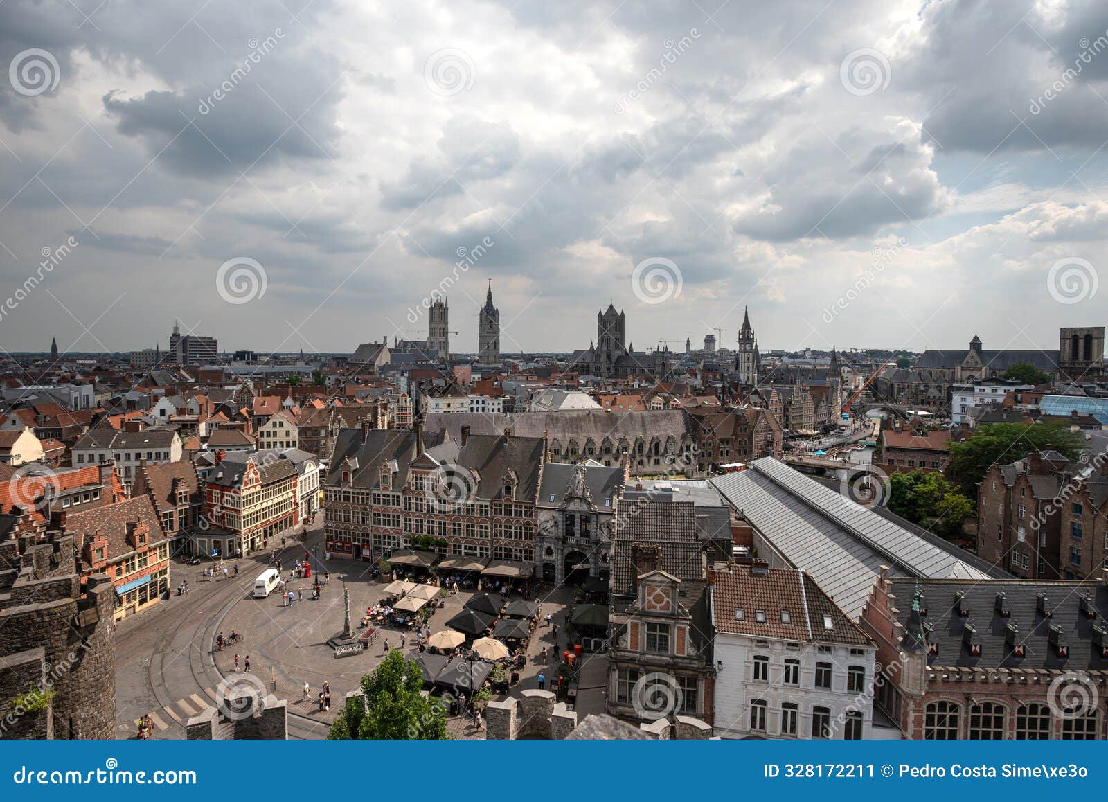 panoramic view of sint-veerleplein square and the medieval skyline of ghent from gravensteen castle - belgium