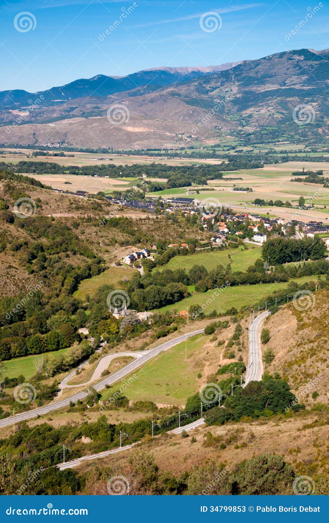 panoramic view of spanish pirineos and alp village