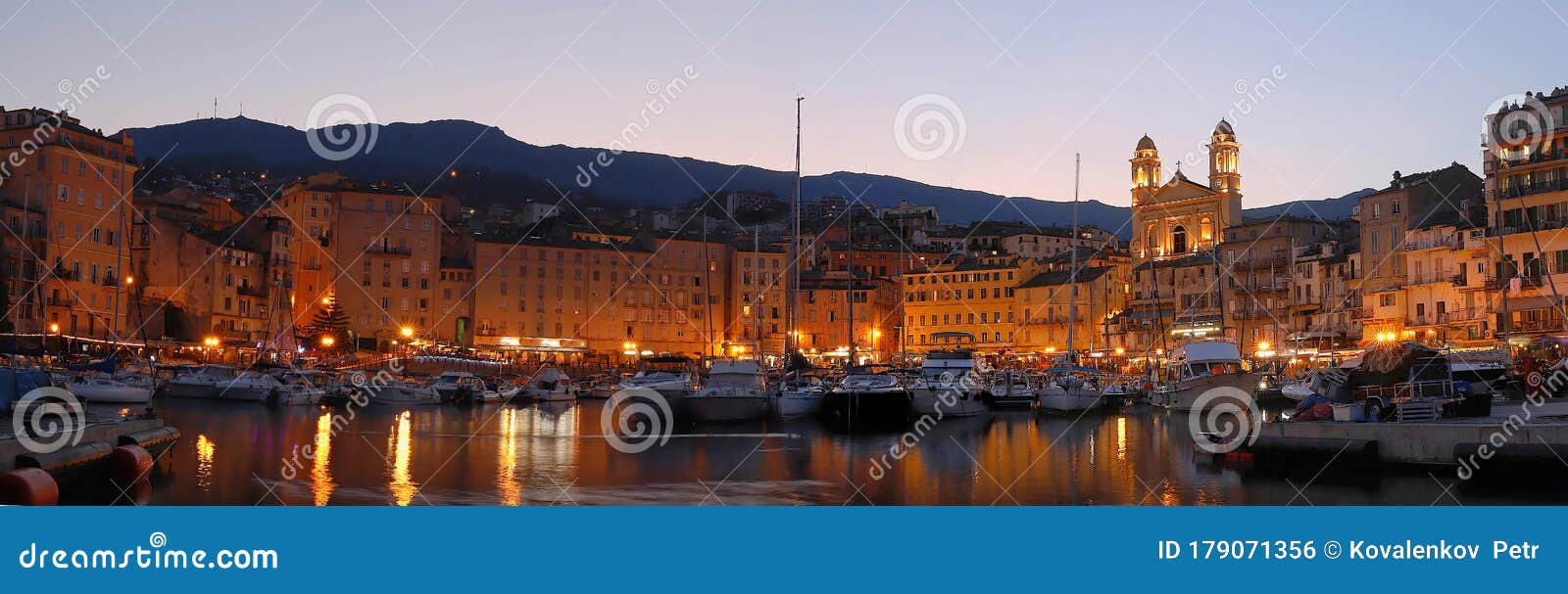panoramic view of st jean baptiste cathedral and old port of bastia ,second largest corsican city and main entry point
