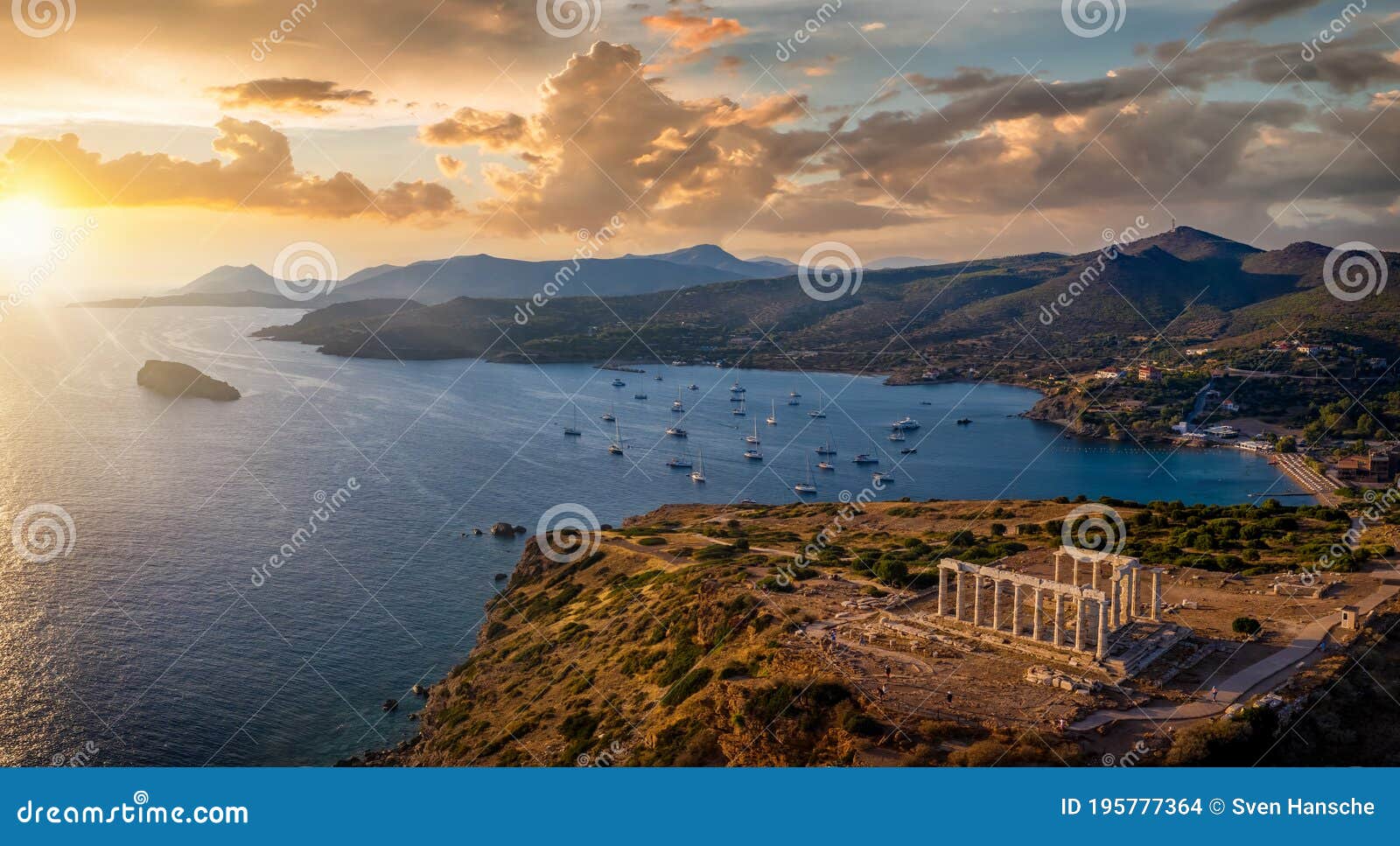 panoramic view of the temple of poseidon at cape sounion at the edge of attica, greece