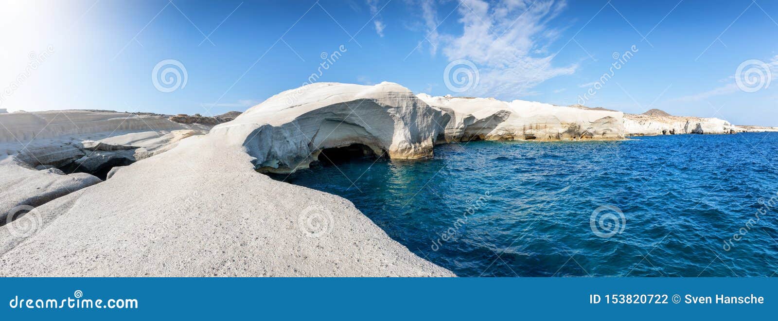 panoramic view to the lunar landscape of sarakiniko beach, milos island, cyclades, greece