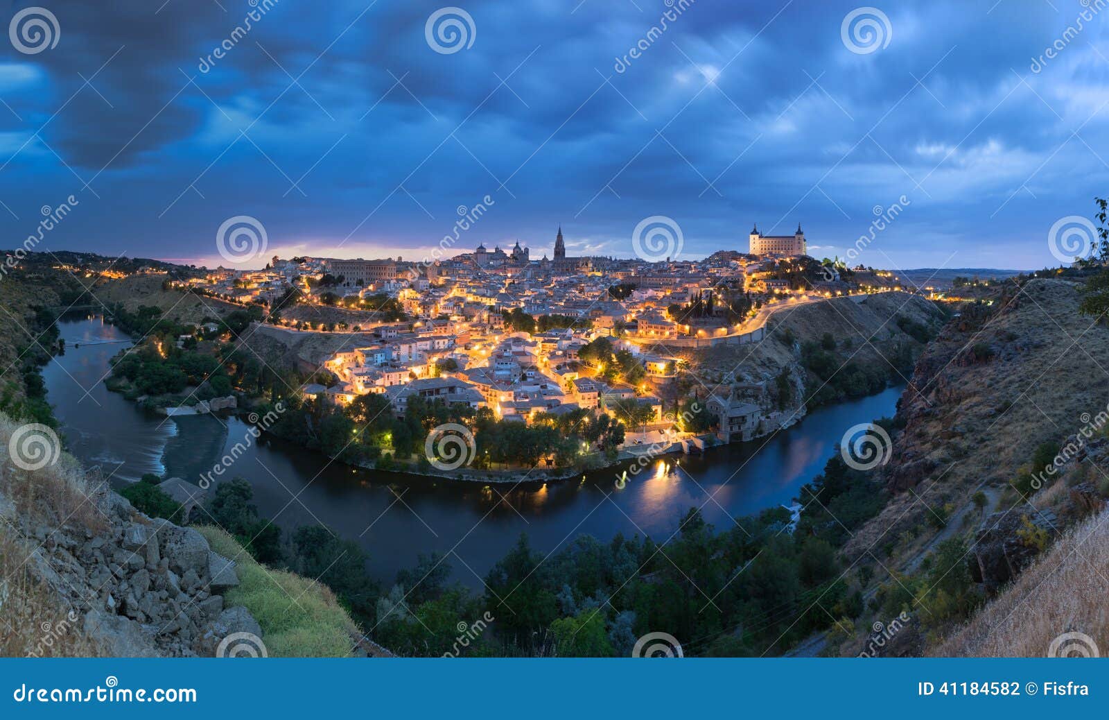 panoramic view of toledo after sunset, spain