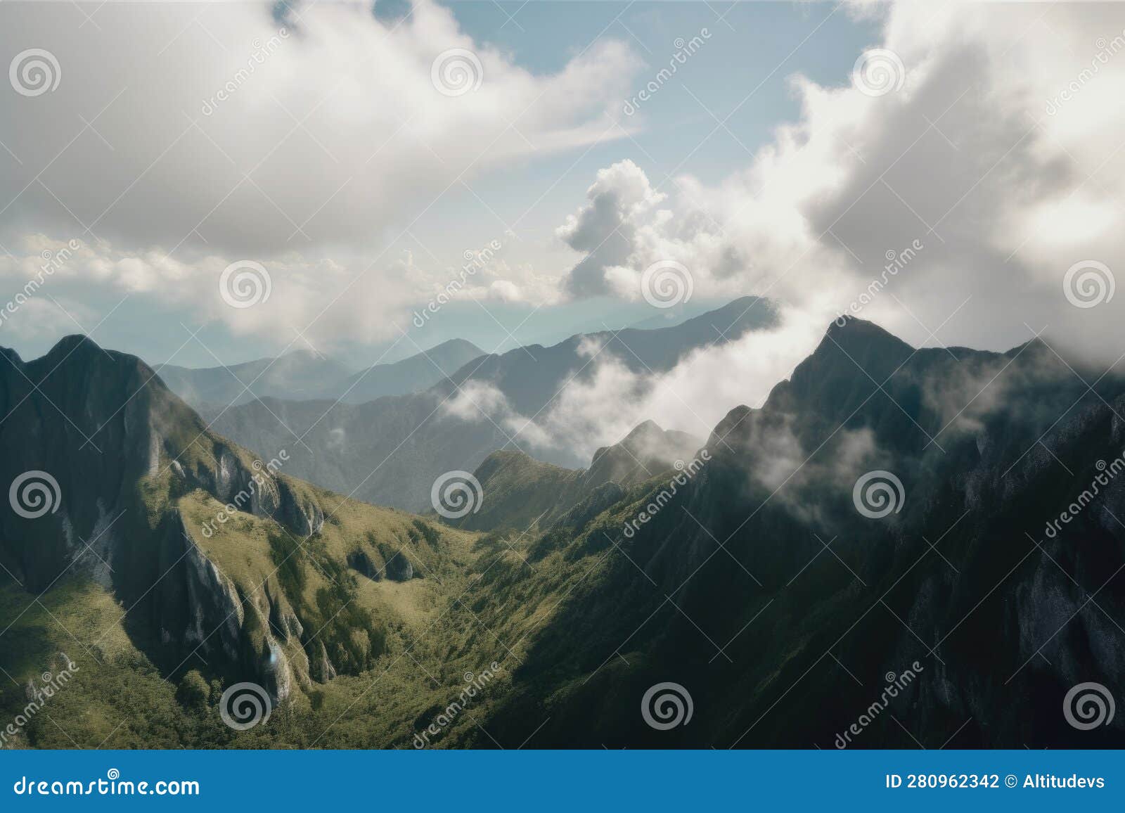 panoramic view of towering mountain range with clouds scudding across the sky