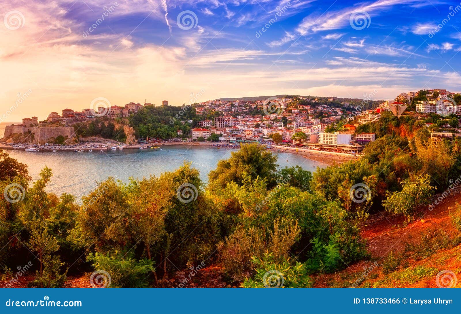 panoramic view of ulcinj at sunset, medieval mediterranean town, popular summer tourist resort in montenegro