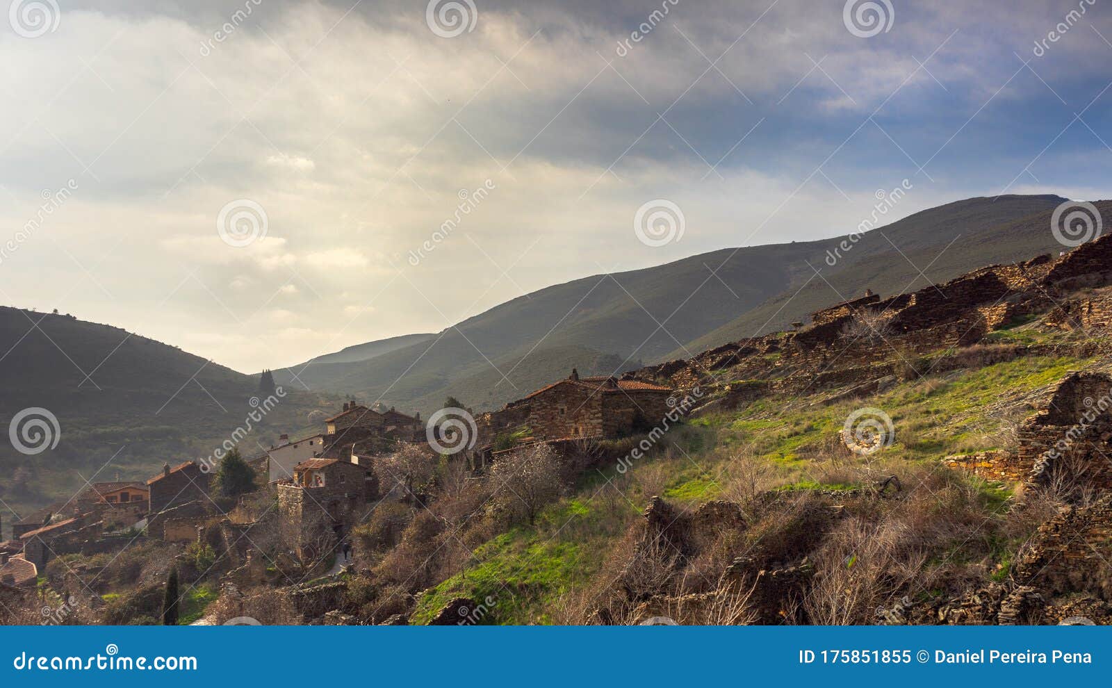 panoramic view of the village of patones de arriba in madrid, spain, at sunset on a sunny day travel concept