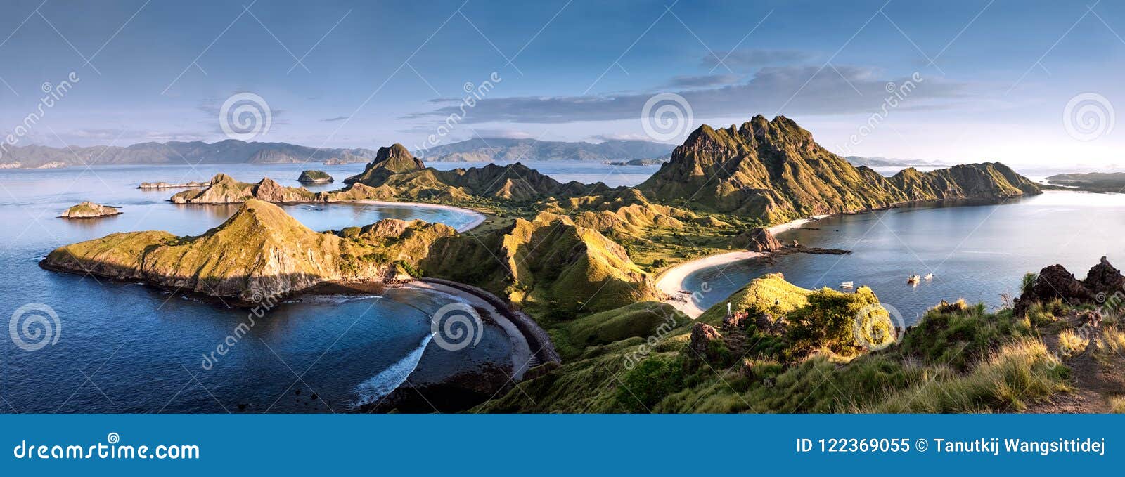 panoramic warm view at top of `padar island` in sunrise late morning from komodo island, komodo national park, labuan bajo, flor