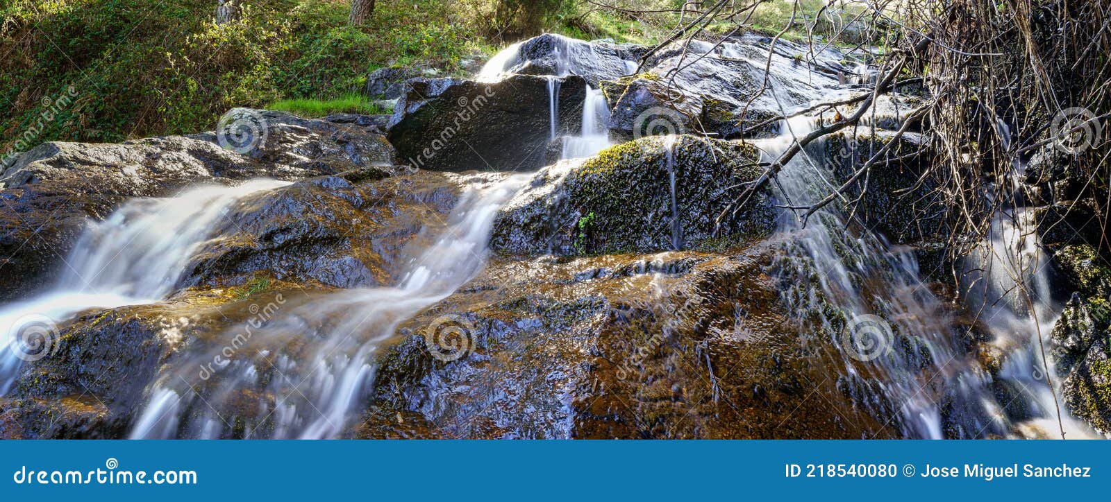 Panoramic of Waterfall of Water Falling Down the Rocks in the Enchanted
