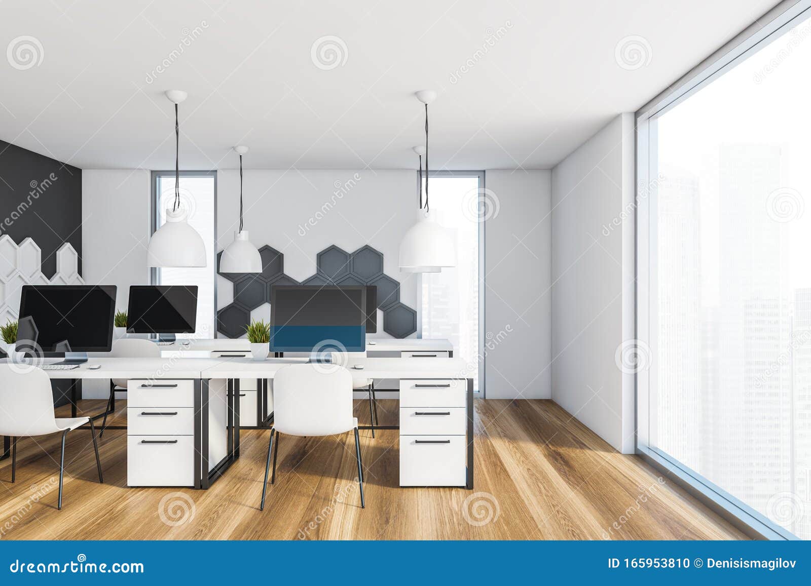 Panoramic White and Gray Office Interior Stock Illustration