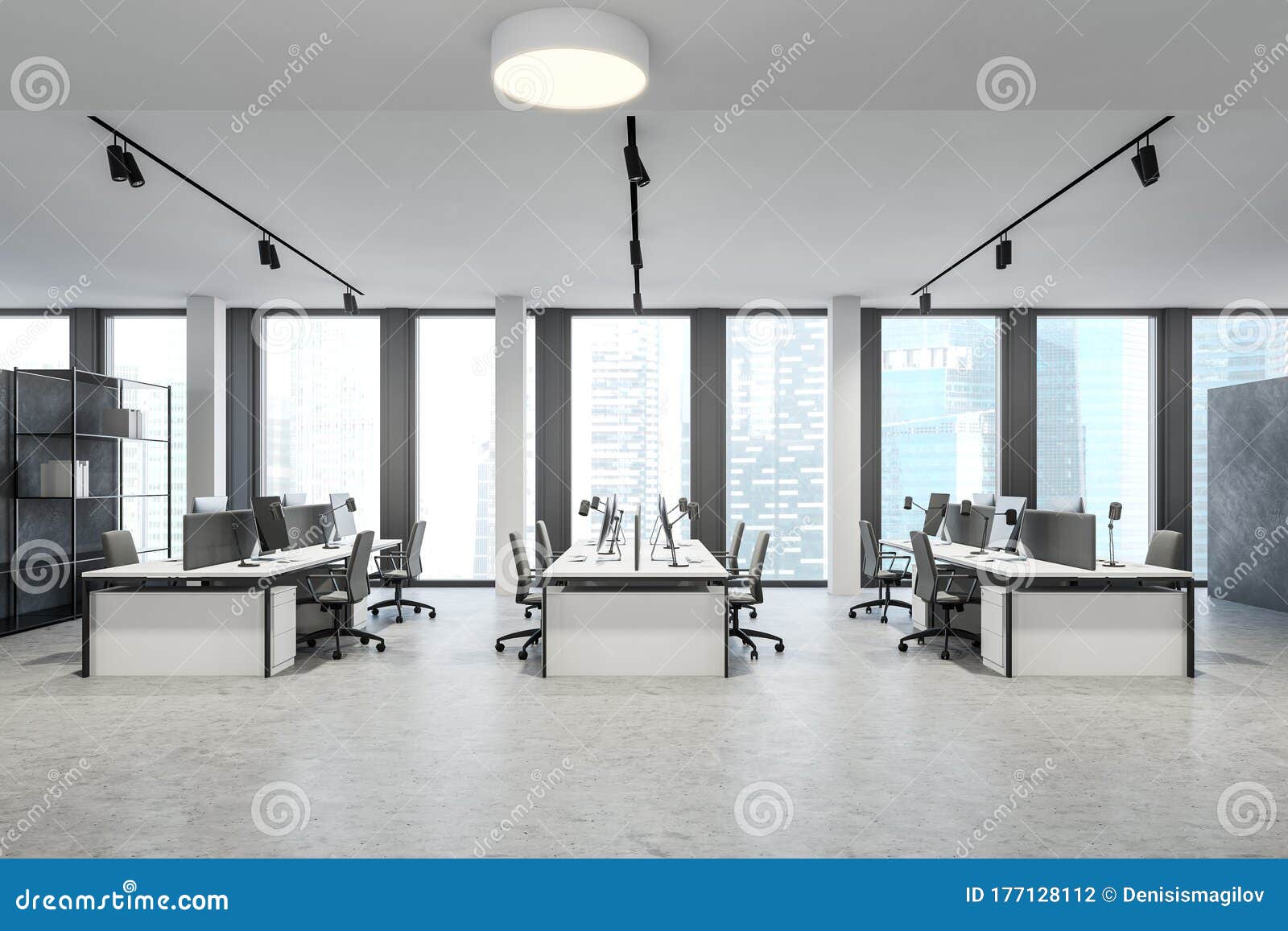 Panoramic White Open Space Office Side View Grey Walls Concrete Floor Rows Computer Tables Consulting Company Concept 177128112 