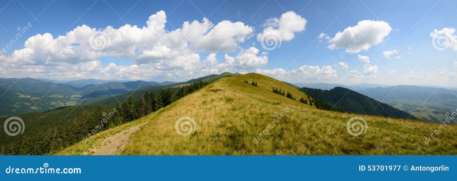 Panoramische dag grasrijke bergen. Het panoramische landschap van de bergendag met gele grassen en een weg langs de rand
