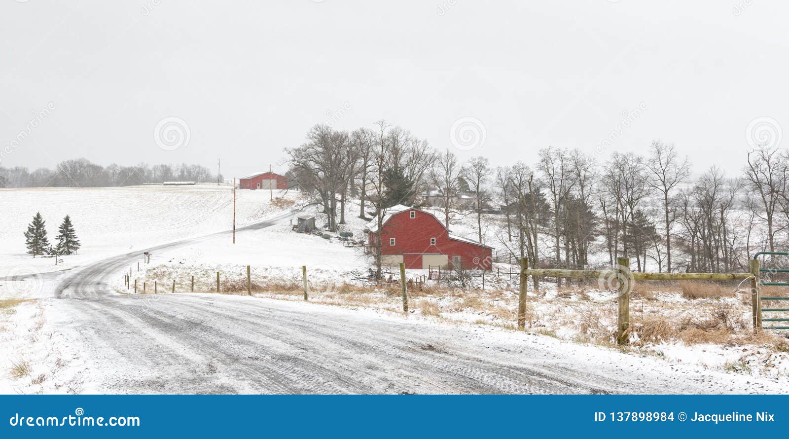 panorma of winter scene of rural farm in appalachia