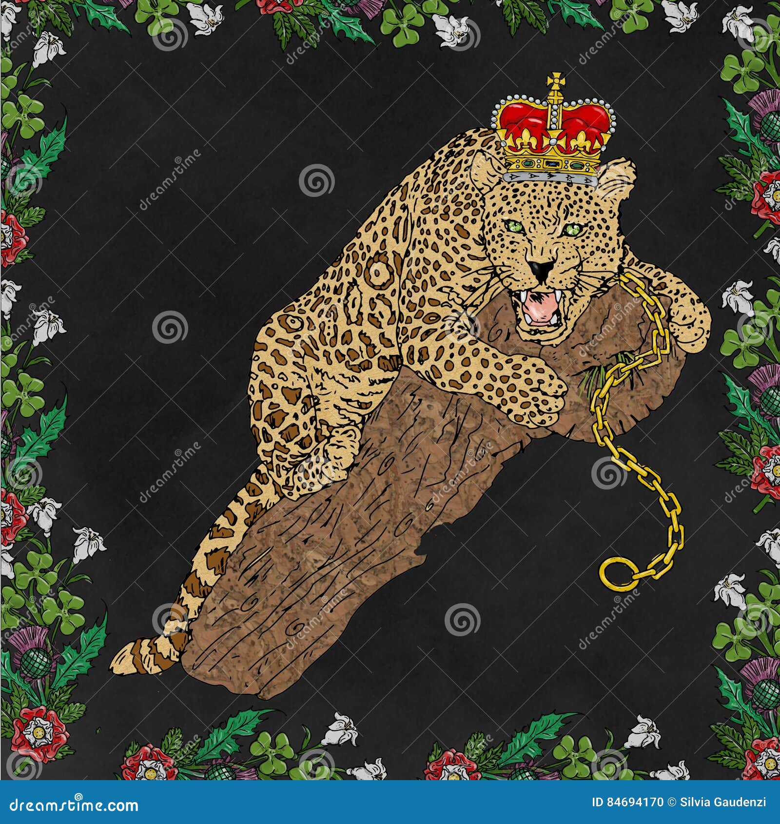 panther and crown sitting on the trunk with colors and pop art background black