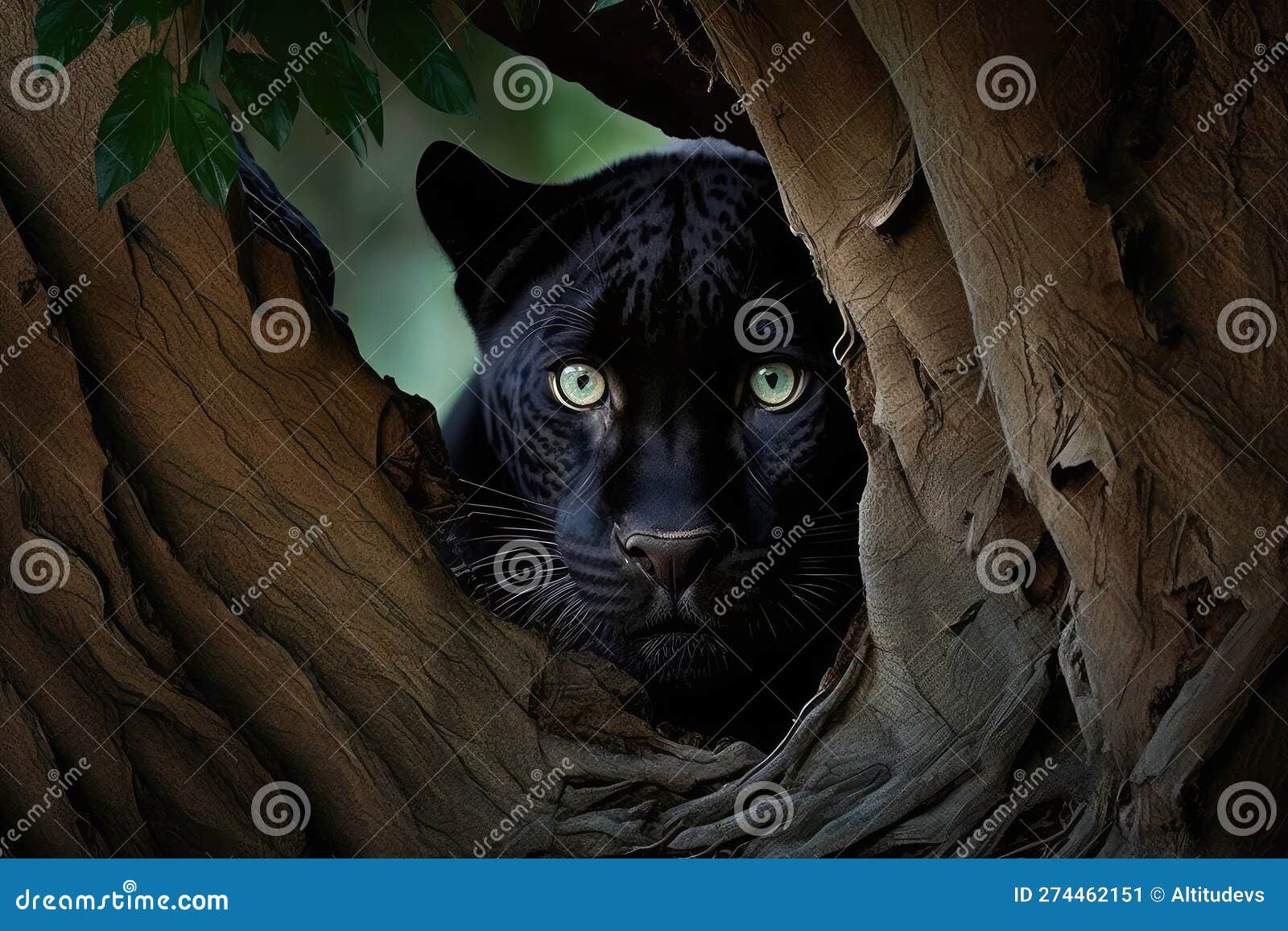 Panther Hiding Behind Tree, Eyes Focused on Prey Stock Illustration 