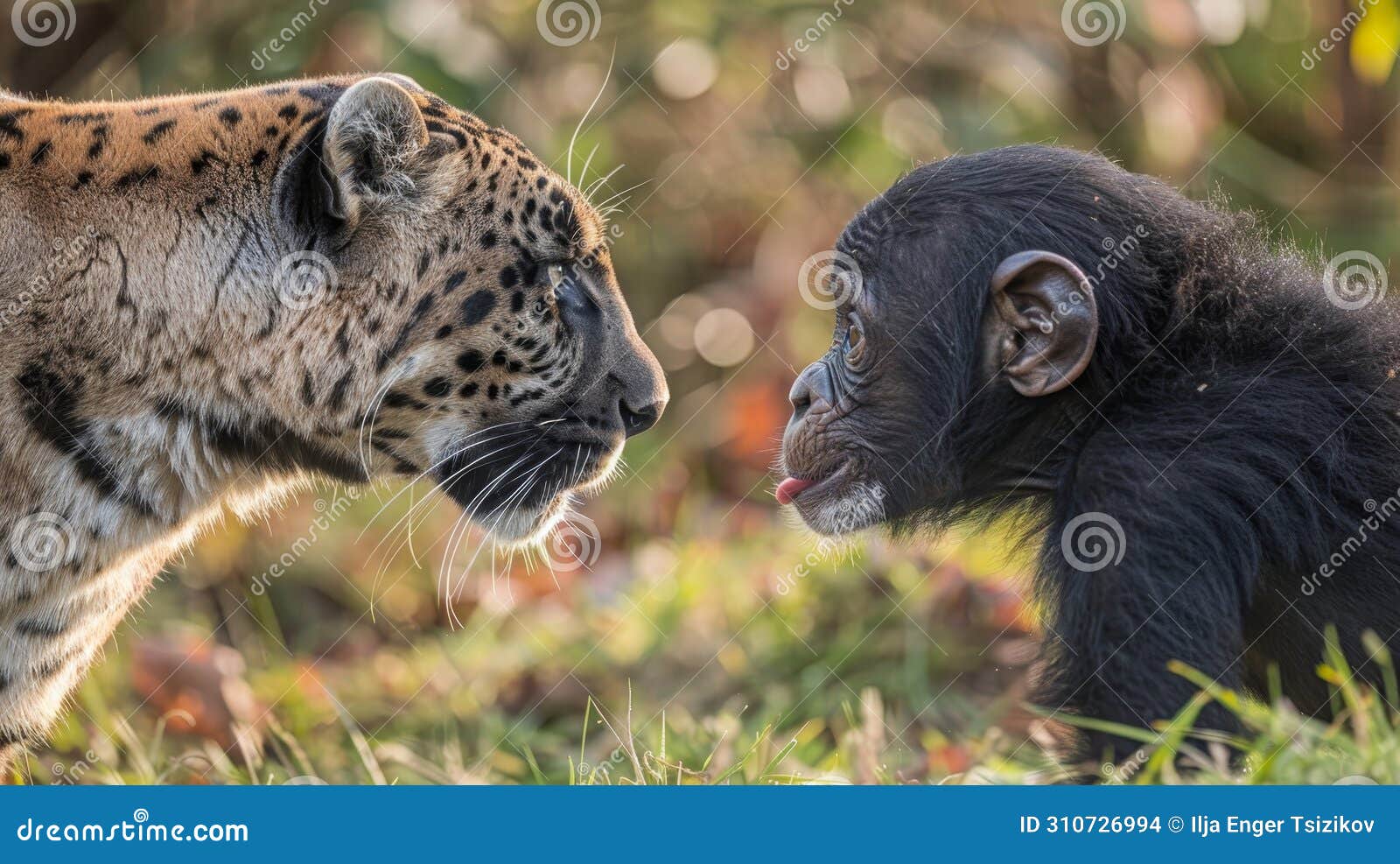 panther and monkey s captivating encounter in the radiant glow of a lush jungle setting
