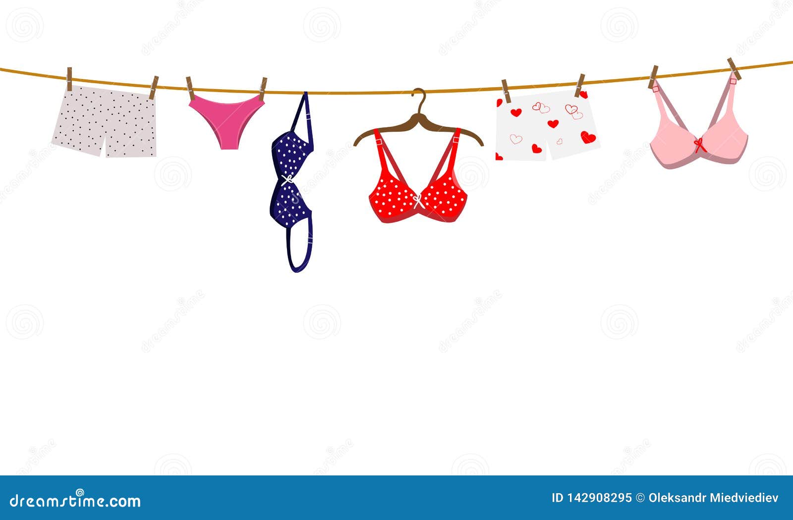 Pantie, Bra and Lingerie Hanging on Rope. Vector Illustration. Stock Vector  - Illustration of girl, glamour: 142908295