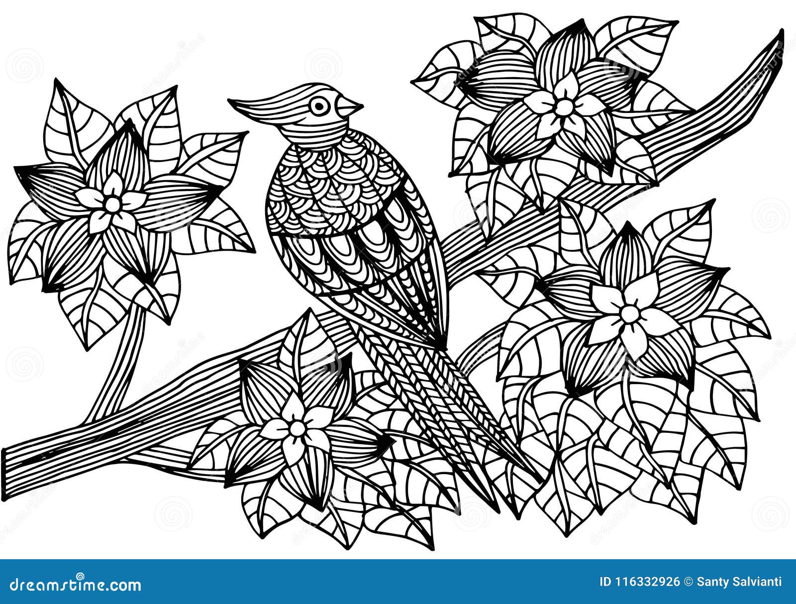 Pássaros e flores. desenho ilustração esboço para livro de colorir