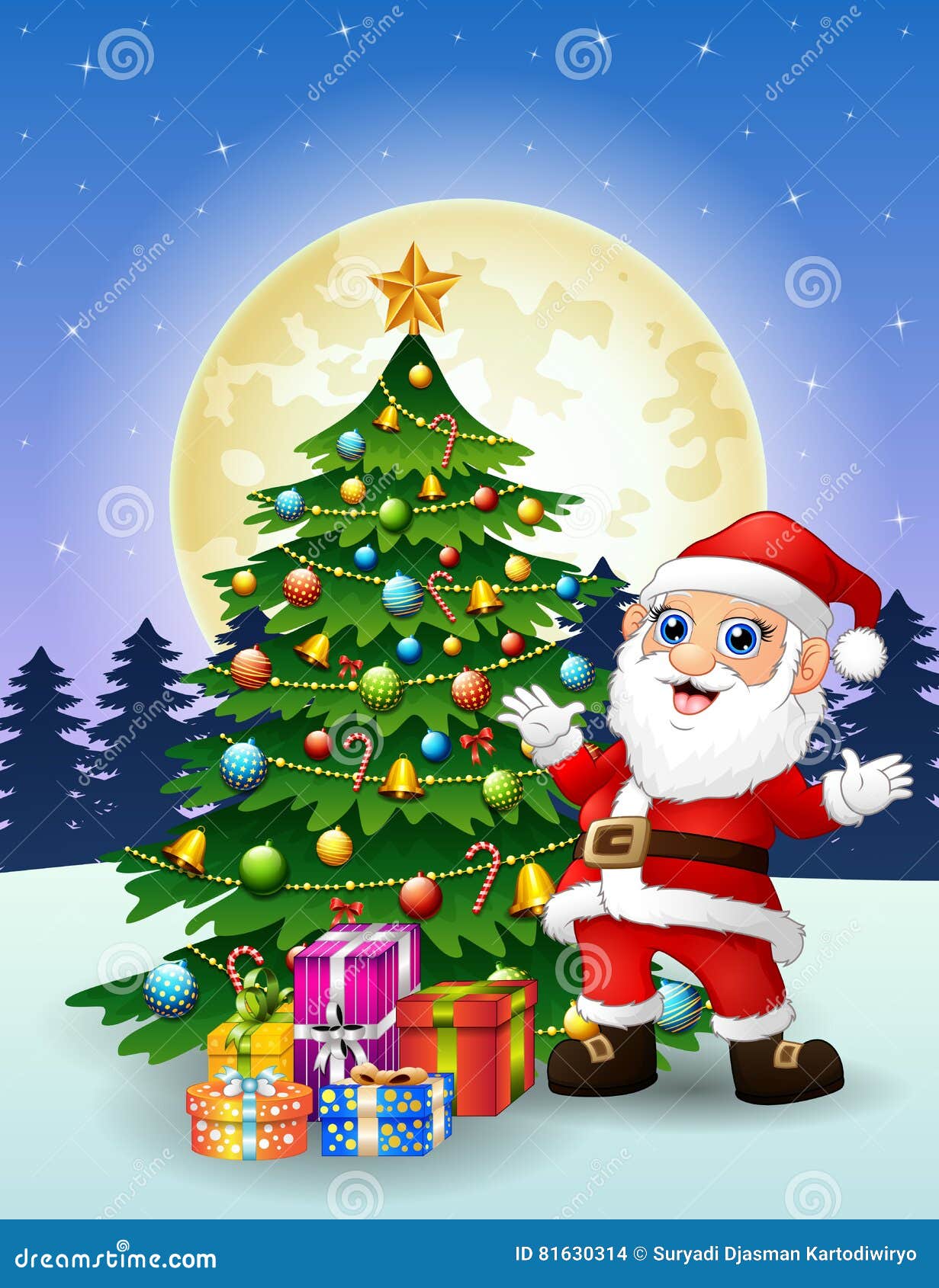 Papai Noel Com árvore De Natal E Caixas De Presente No Fundo Da Lua Cheia Da Noite Ilustração do Vetor - Ilustração de esfera, feriado: 81630314 Papai Noel Com árvore De Natal E Caixas De Presente No Fundo Da Lua Cheia Da Noite Ilustração do Vetor - Ilustração de esfera, feriado: 81630314