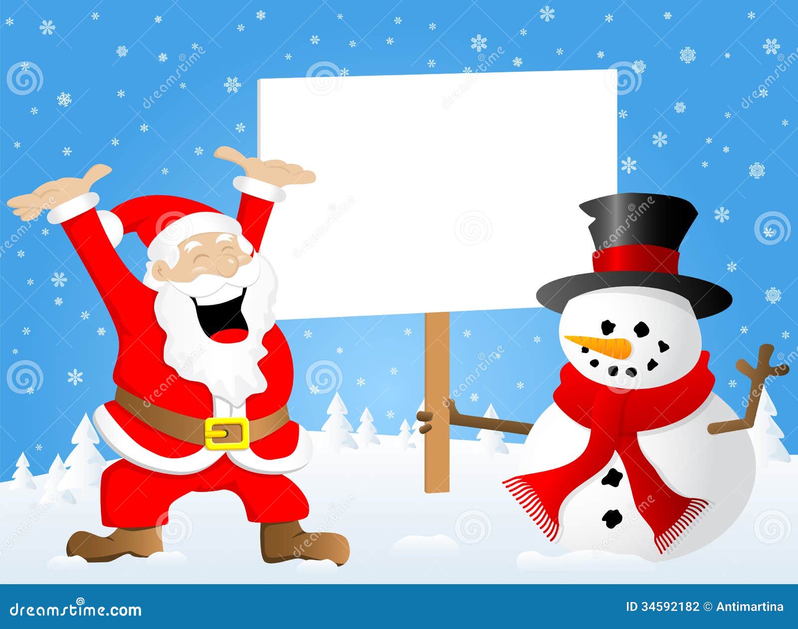 Papai Noel e um boneco de neve com assinam dentro sua mão. Vector a ilustração de Papai Noel e um boneco de neve com assina dentro sua mão
