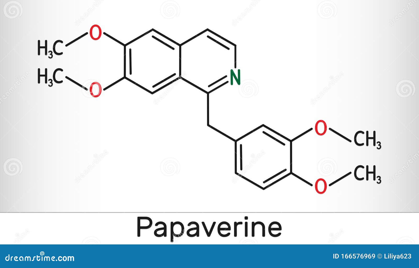 papaverine molecule. it is opium alkaloid antispasmodic drug. molecule model. skeletal chemical formula