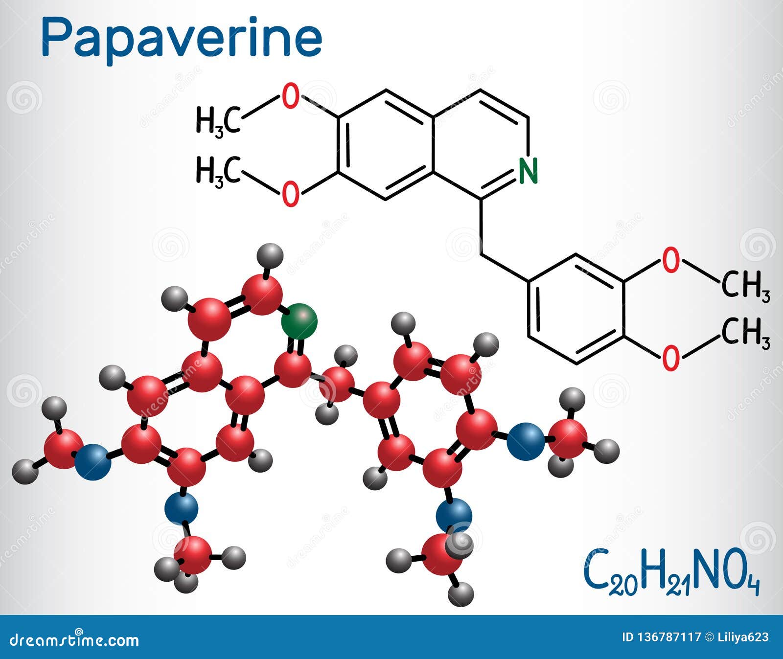 Papaverine molecule. It is opium alkaloid antispasmodic drug