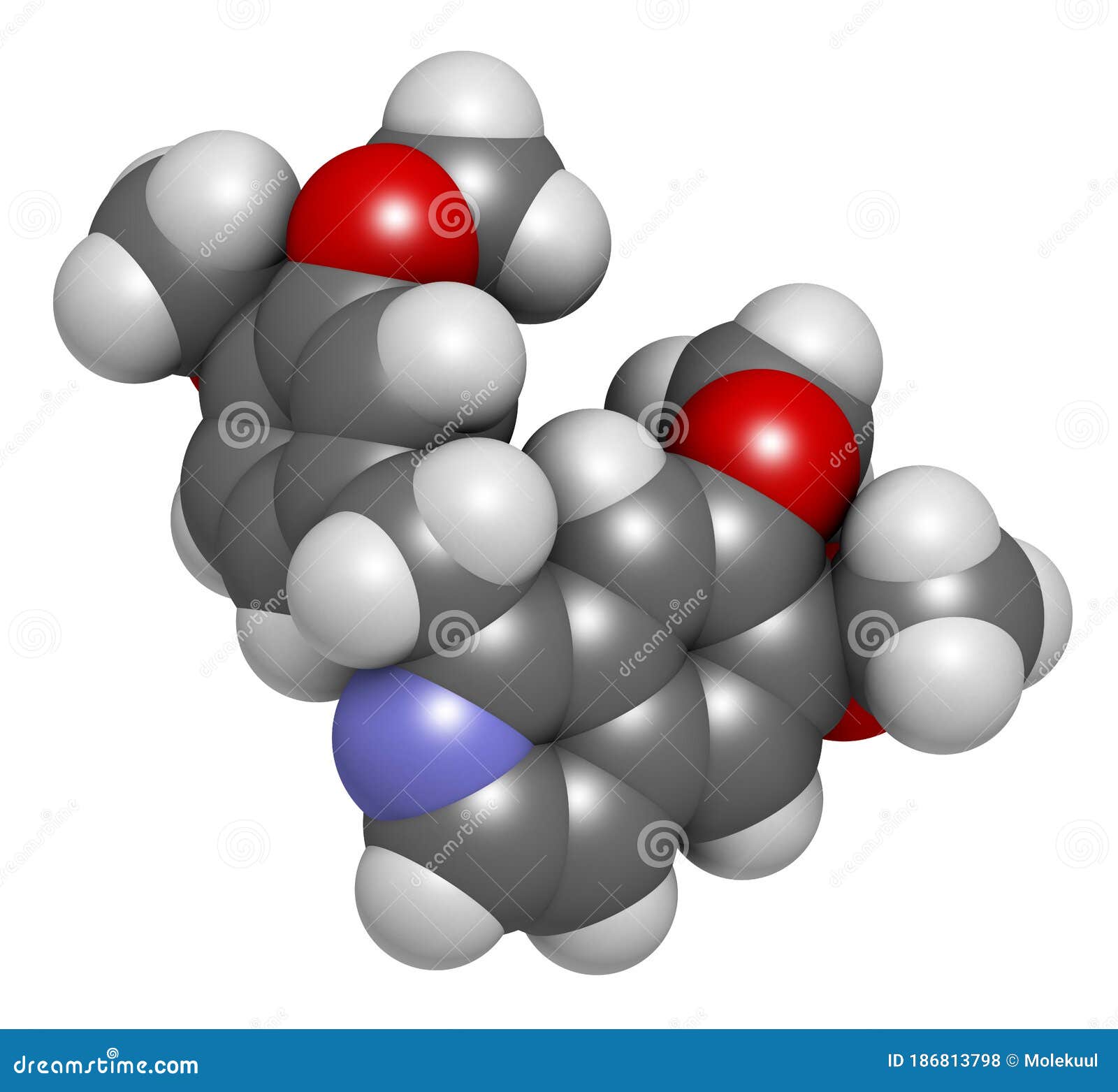papaverine opium alkaloid molecule. used as antispasmodic drug. 3d rendering. atoms are represented as spheres with conventional