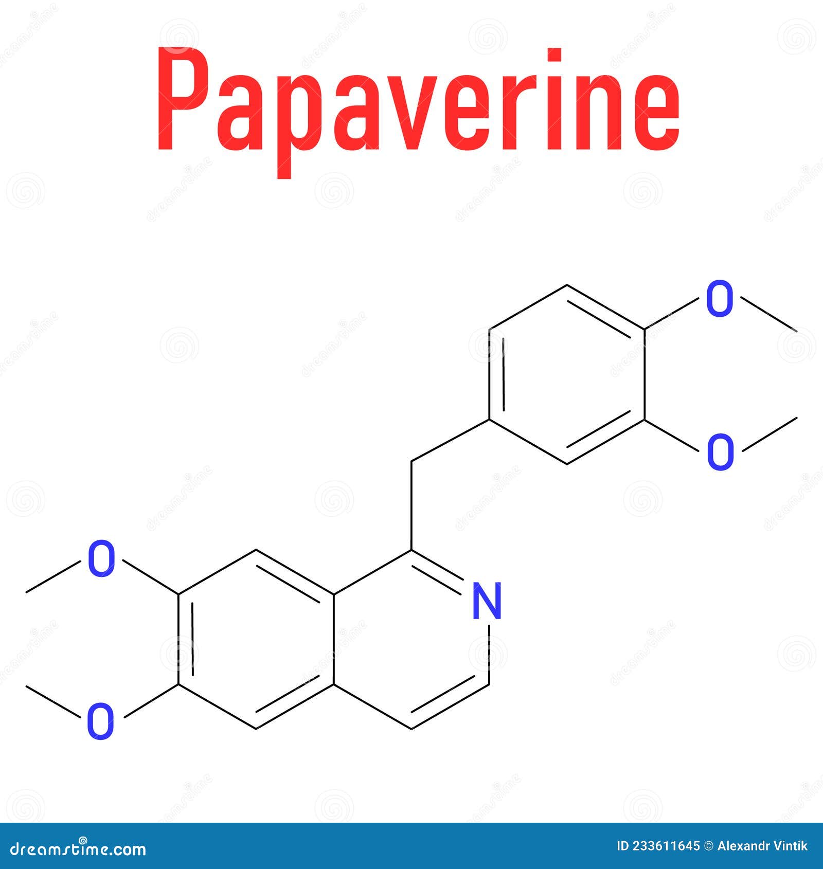 papaverine opium alkaloid molecule. used as antispasmodic drug. skeletal formula.