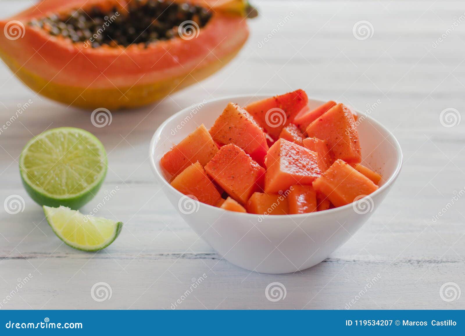 papaya fruit with chili, mexican snack, spicy food in mexico