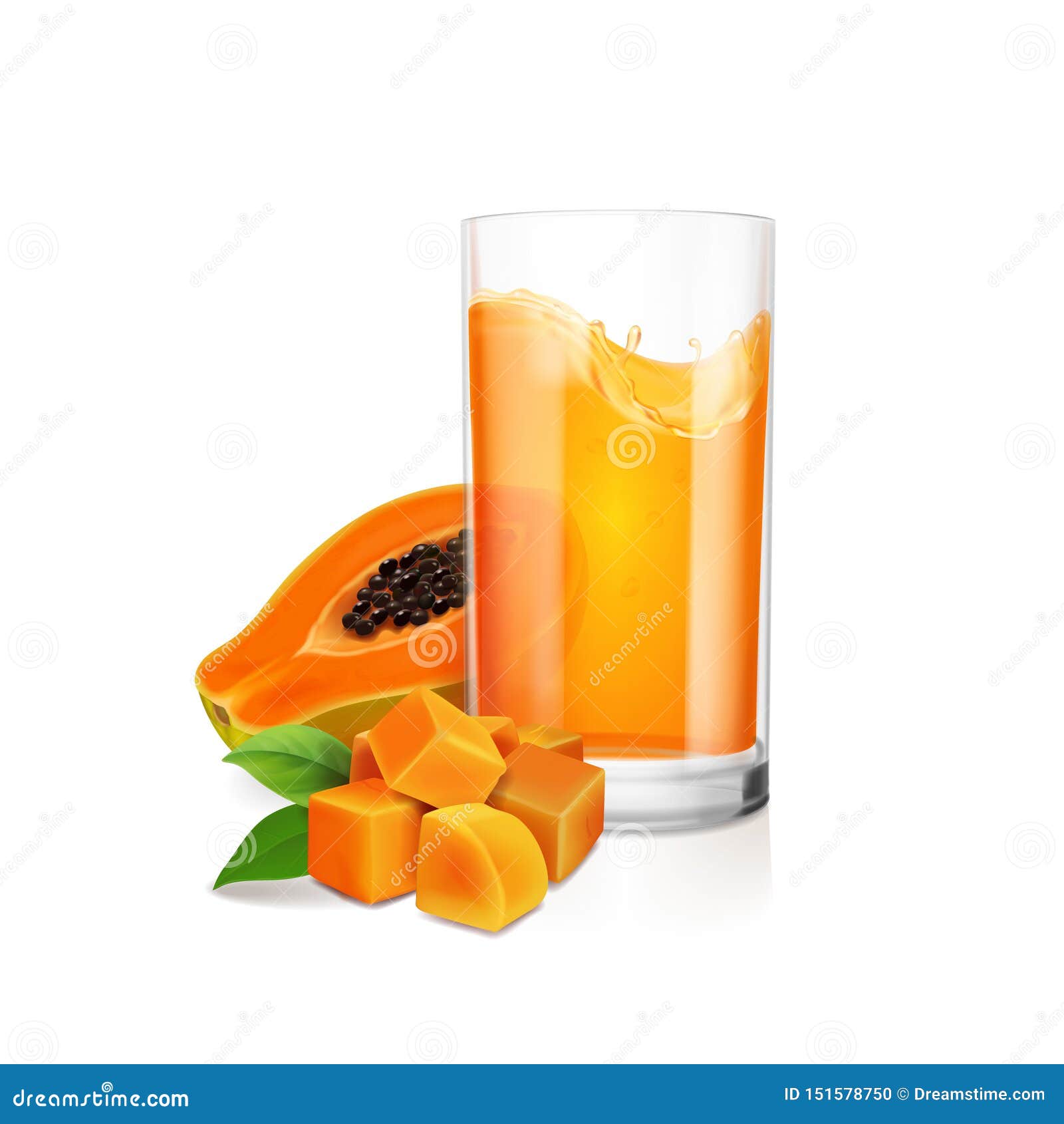 Papaya Juice in Drinking Glass and Fresh Fruit Realistic Vector Stock