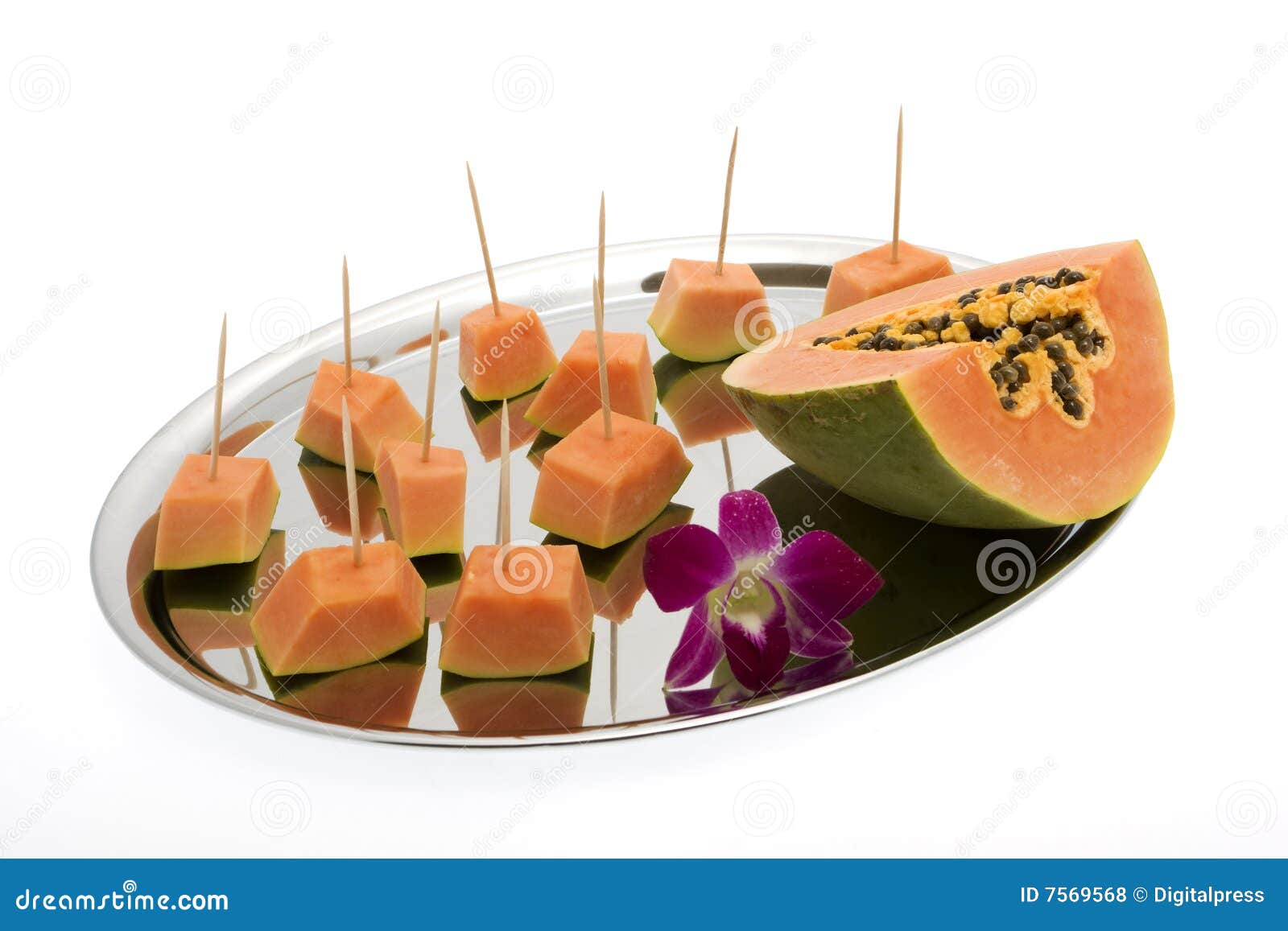 Papaya on a silver tray stock photo. Image of papaya, dessert 7569568