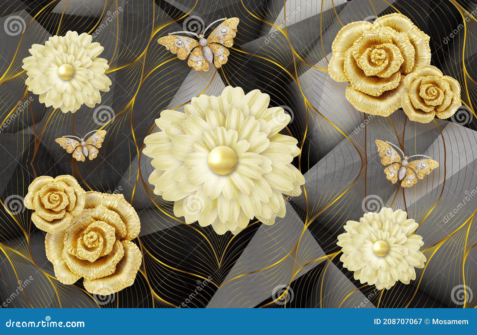 Papel De Parede Mural 3d Para Parede . Fundo Preto Abstrato Com Linhas De  Flores Douradas E Borboleta . Imagem de Stock - Imagem de elegante,  sobremesa: 208707067