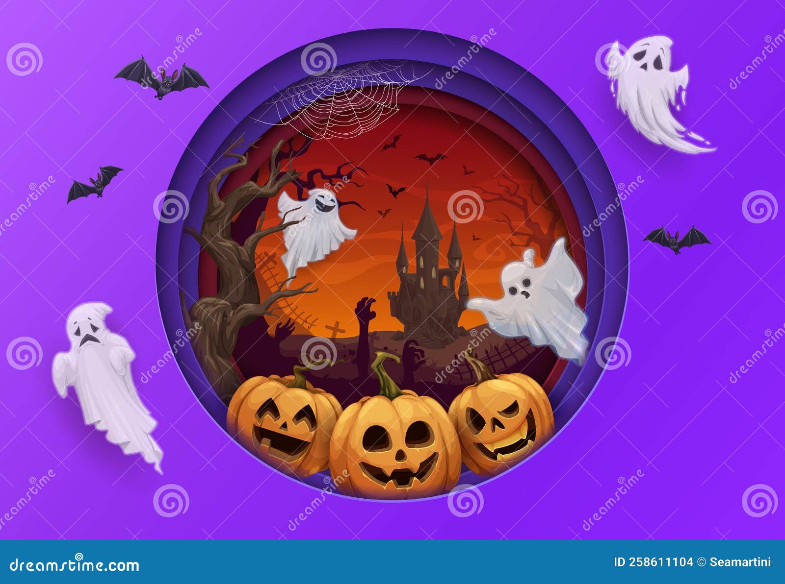 Cara de fantasma assustador de halloween em ilustração de estilo de corte  de papel