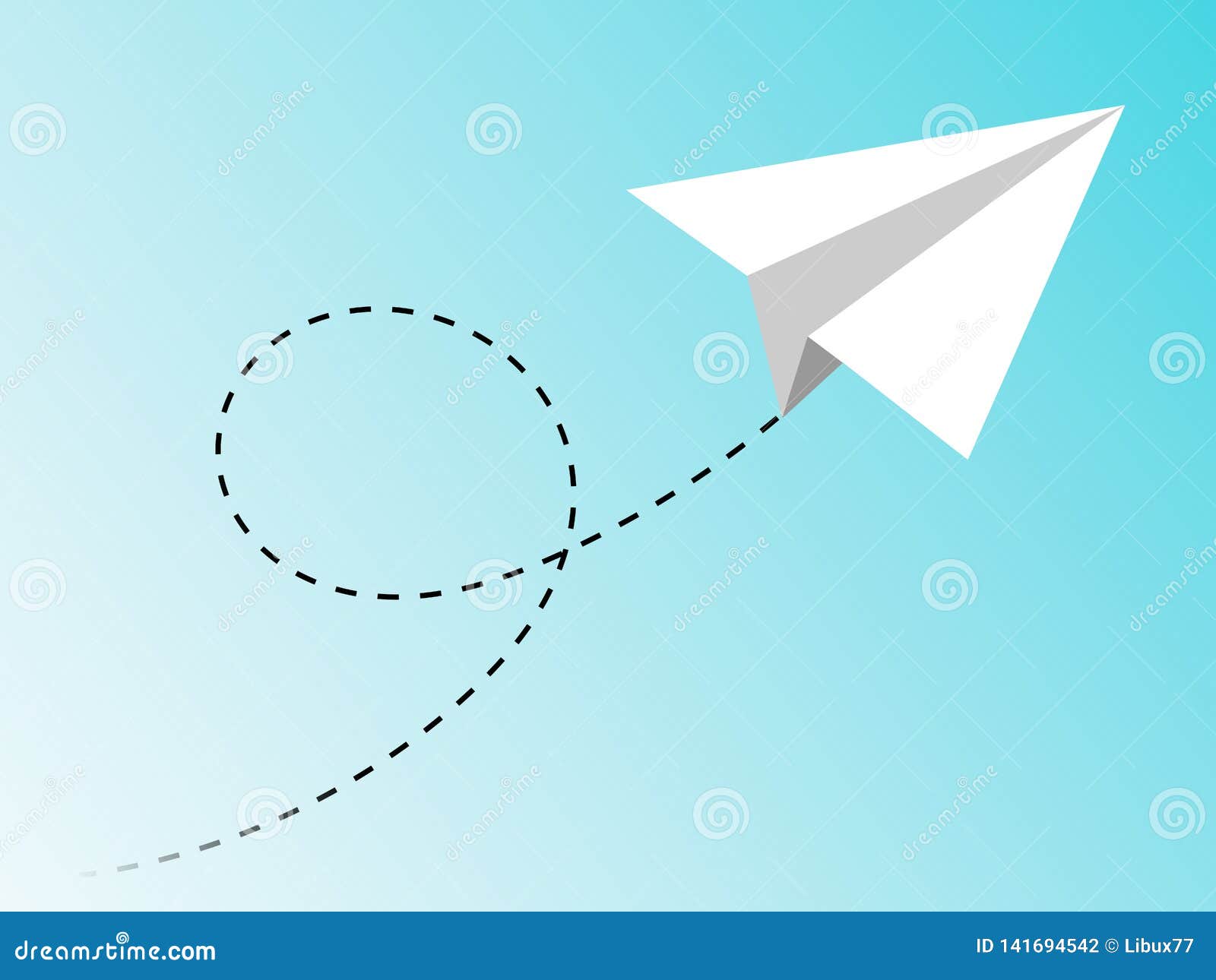 paper airplane flying trajectory in the blue sky. concept of travelling or of first or preliminary stage of project