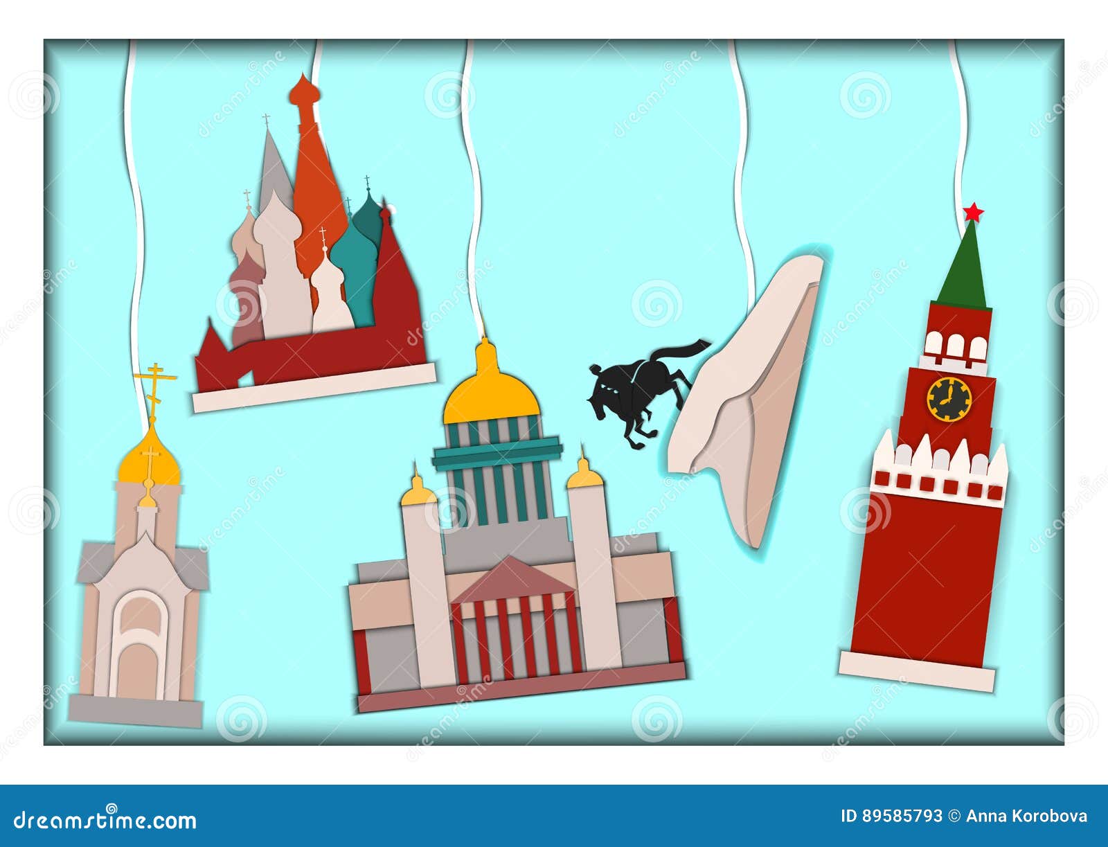 paper applique style  .card with application of basils cathedral,kremlin,isaac`s cathedral, monument
