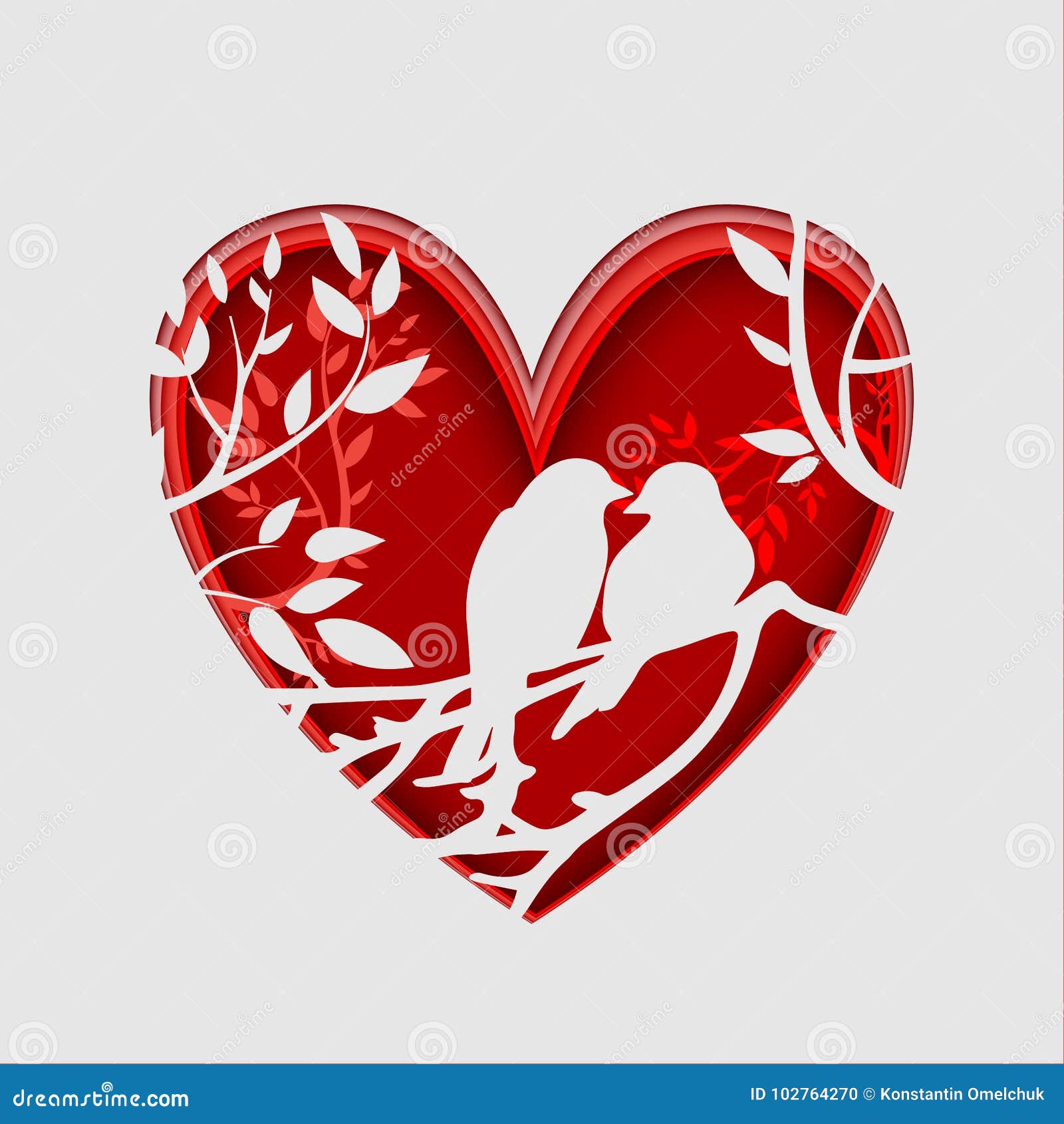 paper art carve to couple birds on tree branch in heart , origami concept.