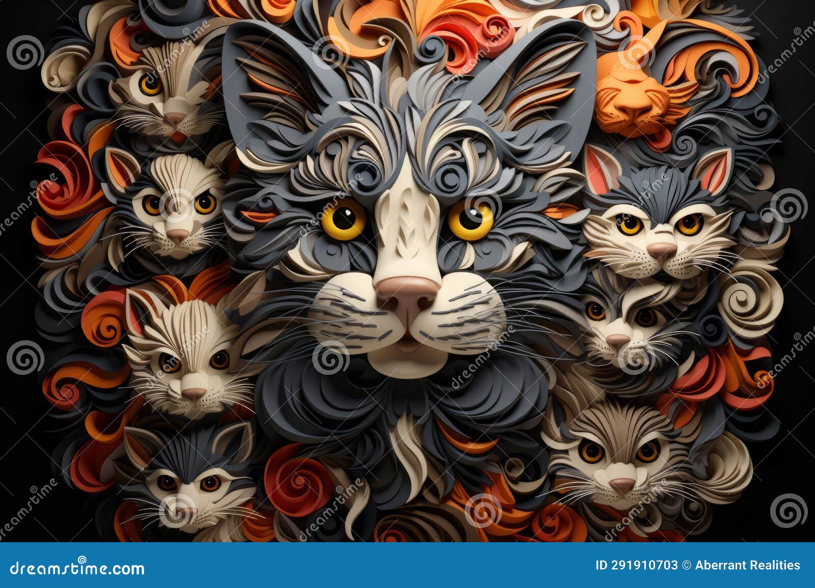 Paper Art of a Cat Surrounded by Other Cats Stock Illustration