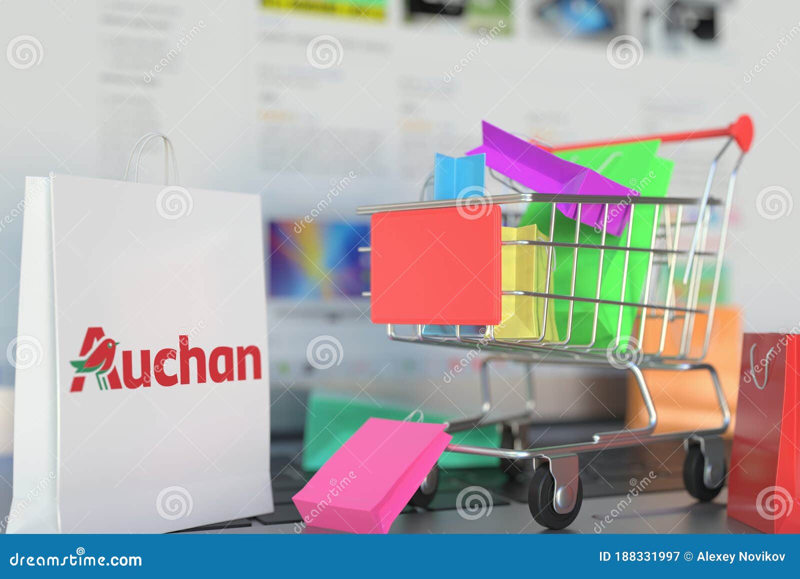 Paper Bag with Auchan Logo and Shopping Cart on a Laptop Keyboard.  Editorial Online Shopping Related 3D Rendering Editorial Photography -  Illustration of business, computer: 188331997