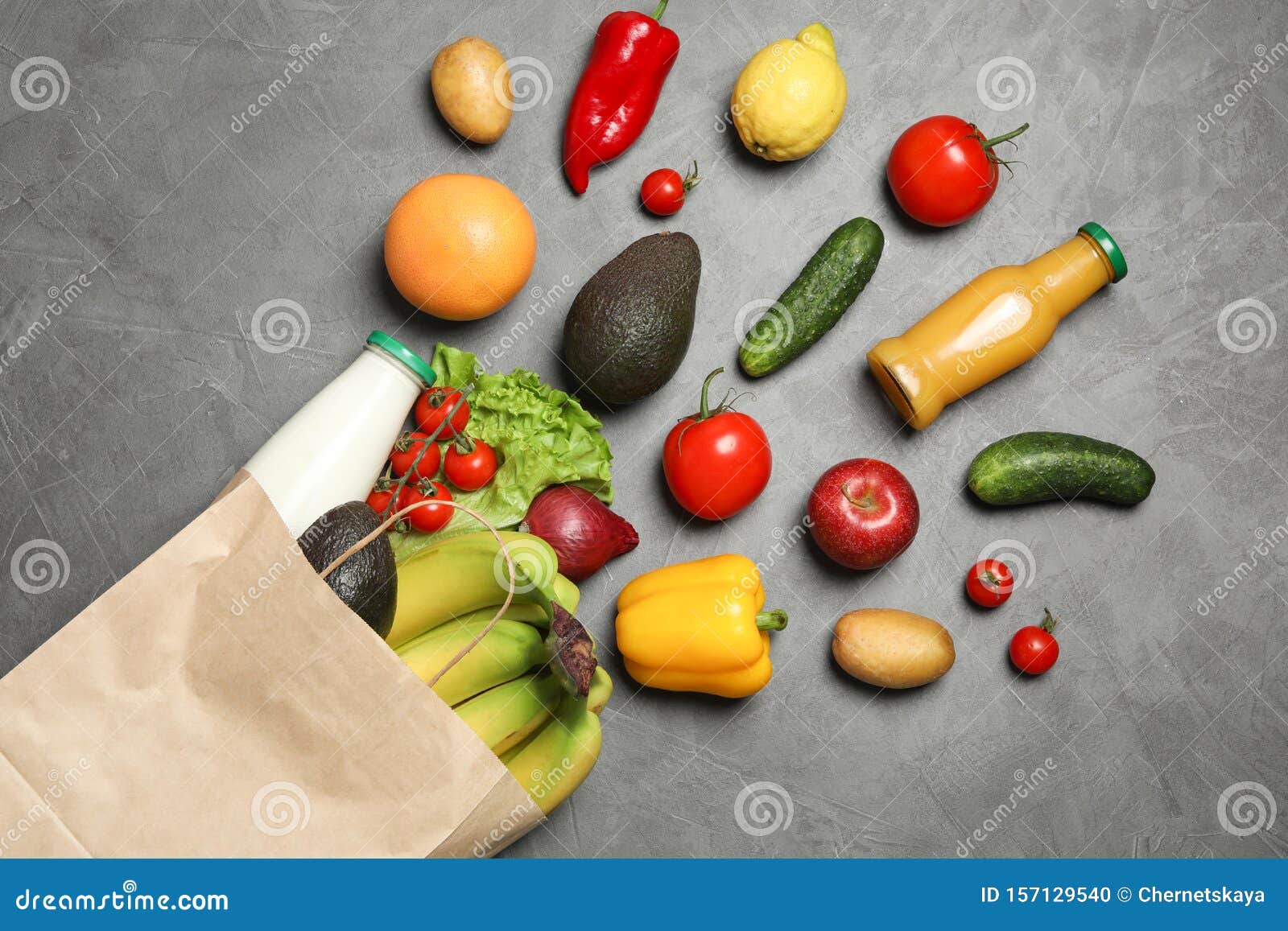 Paper Bag with Groceries on Grey , Flat Lay Stock Photo - Image of ...